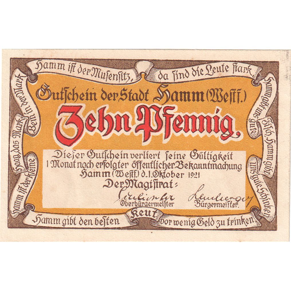 Banknot, Niemcy, Hamm, 10 Pfennig, personnage 2, 1921, 1921-10-01, UNC(65-70)