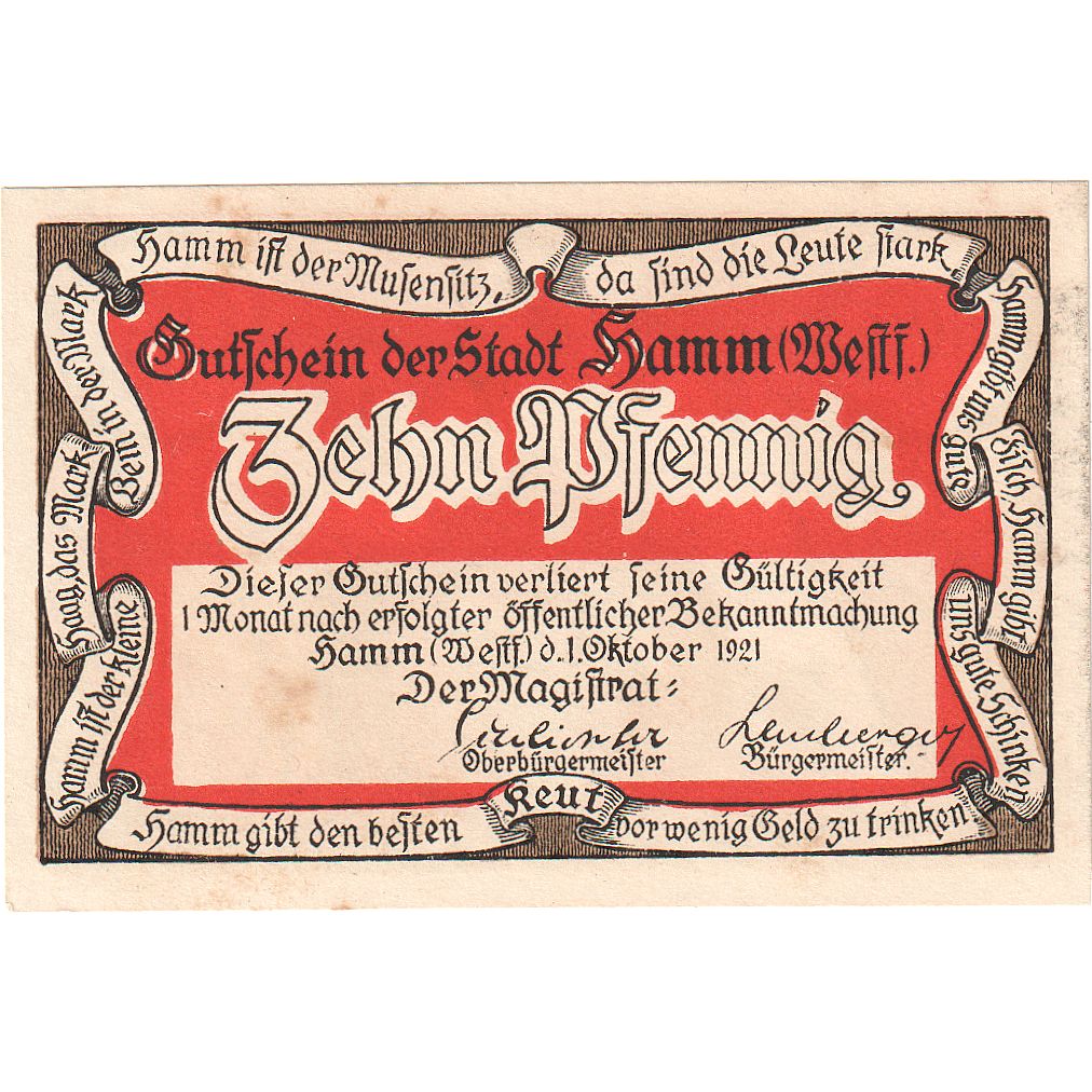 Banconote, Germania, Hamm, 10 Pfennig, personnage 3, 1921, 1921-10-01, FDS
