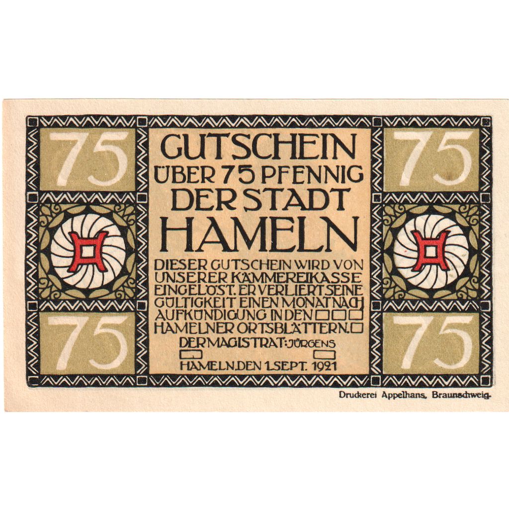 Geldschein, Deutschland, Hameln Stadt, 75 Pfennig, tour, 1921, 1921-09-01, UNZ