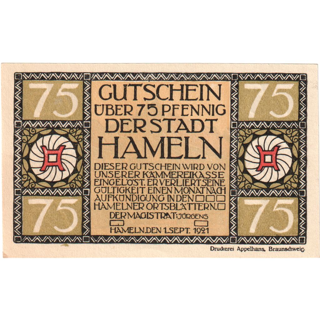 Geldschein, Deutschland, Hameln Stadt, 75 Pfennig, ruelle, 1921, 1921-09-01