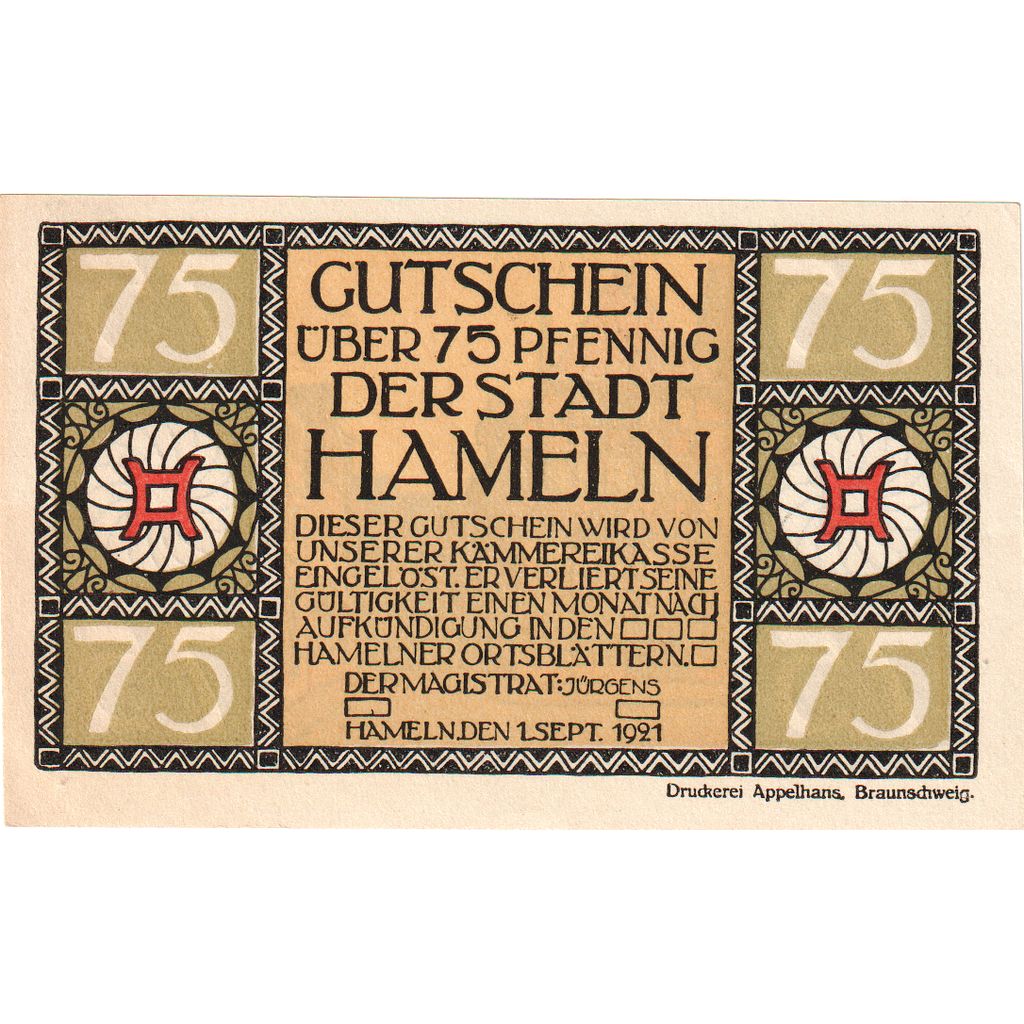Billete, Alemania, Hameln Stadt, 75 Pfennig, rue, 1921, 1921-09-01, UNC