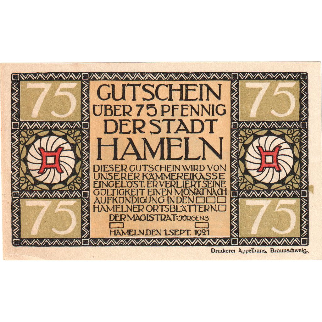 Banconote, Germania, Hameln Stadt, 75 Pfennig, village, 1921, 1921-09-01, FDS