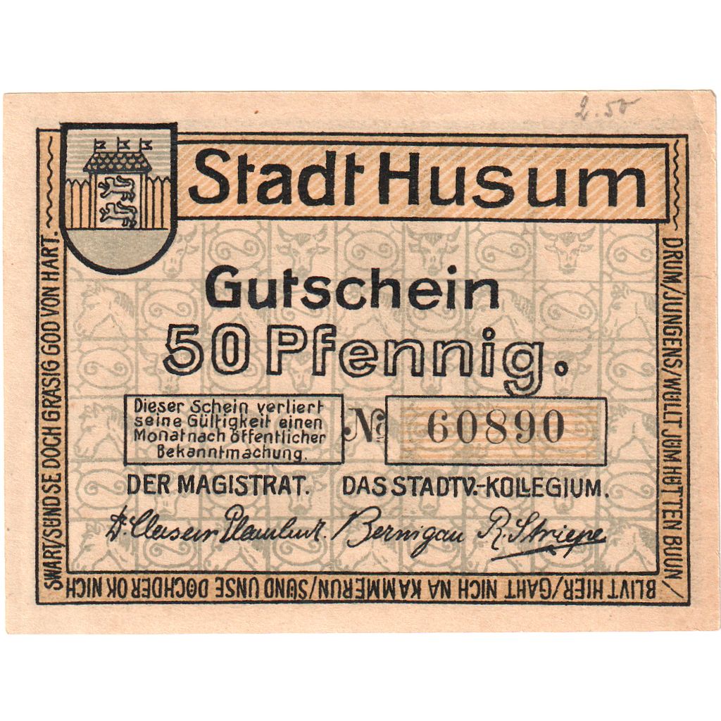 Geldschein, Deutschland, Husum, 50 Pfennig, village, UNZ-, Mehl:639.1