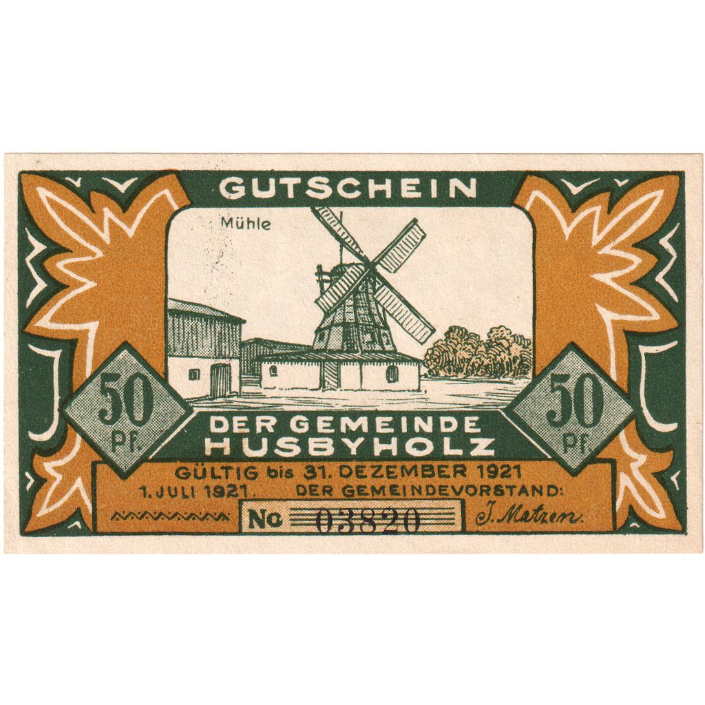 Geldschein, Deutschland, Husbyholz, 50 Pfennig, moulin, 1921, 1921-12-31, UNZ-