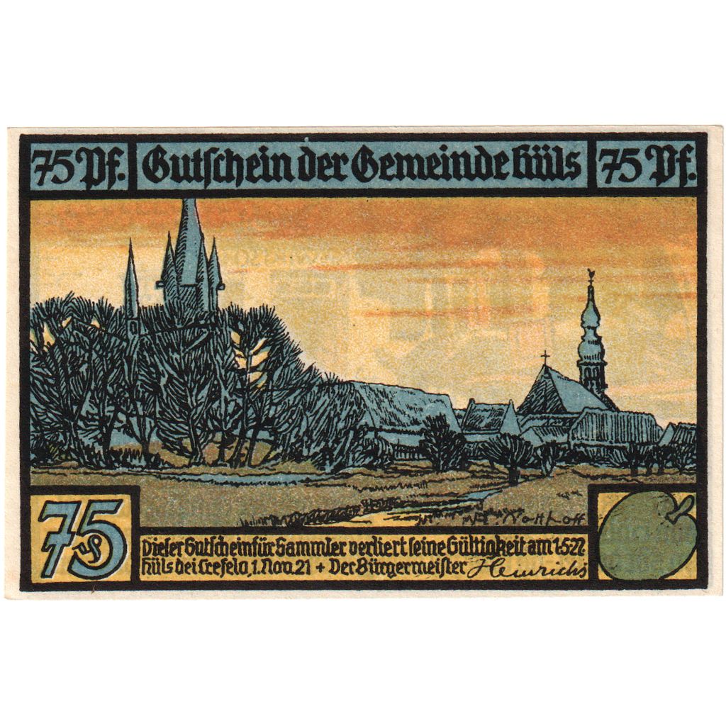 Banknot, Niemcy, Hüls bei krefeld, 75 Pfennig, cheval, 1921, 1921-11-01
