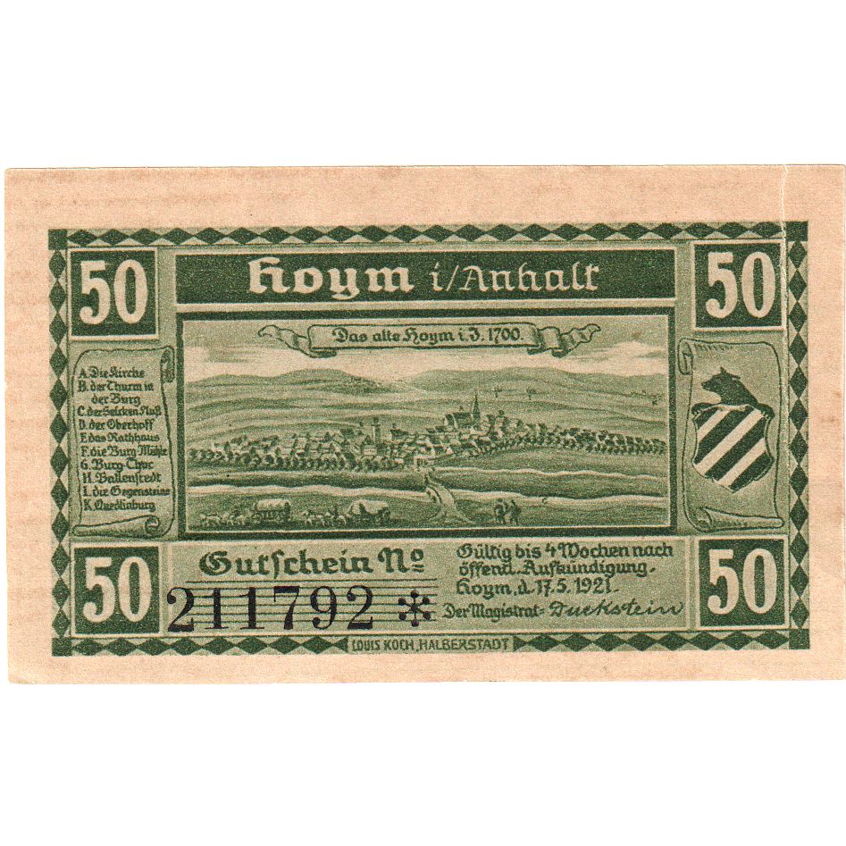Banknot, Niemcy, Hoym, 50 Pfennig, Maison, 1921, 1921-05-17, UNC(60-62)