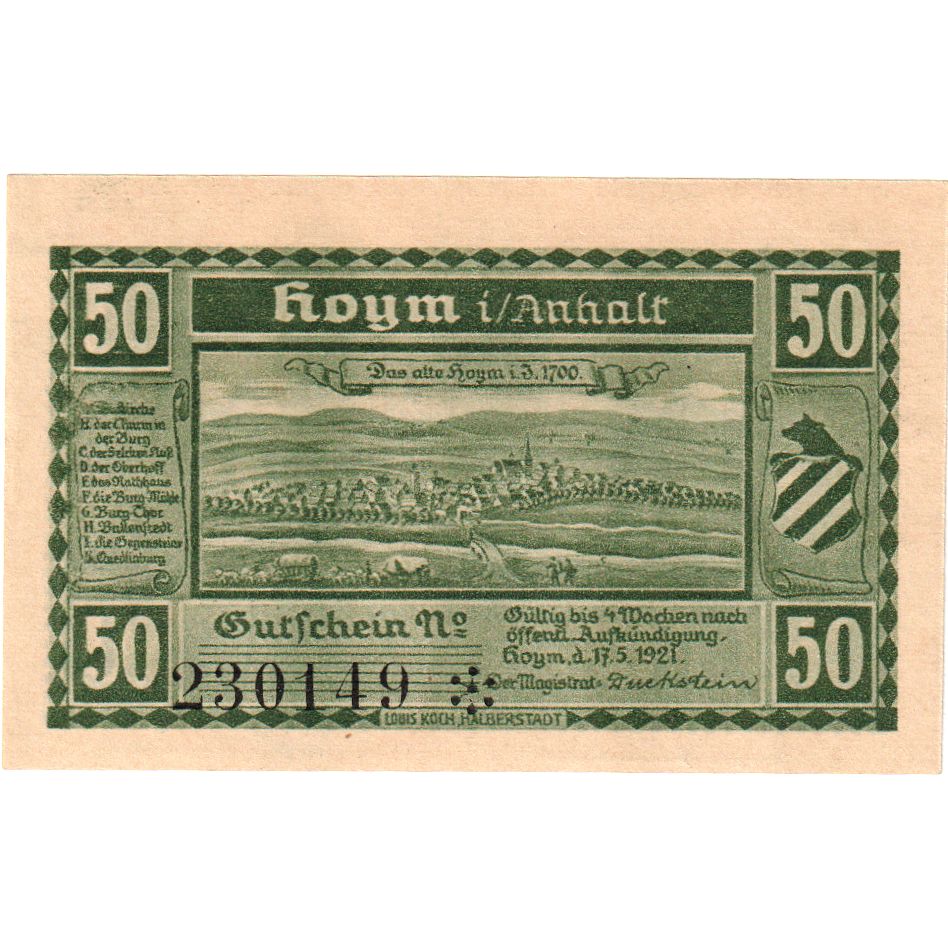Geldschein, Deutschland, Hoym, 50 Pfennig, personnage, 1921, 1921-05-17, VZ+