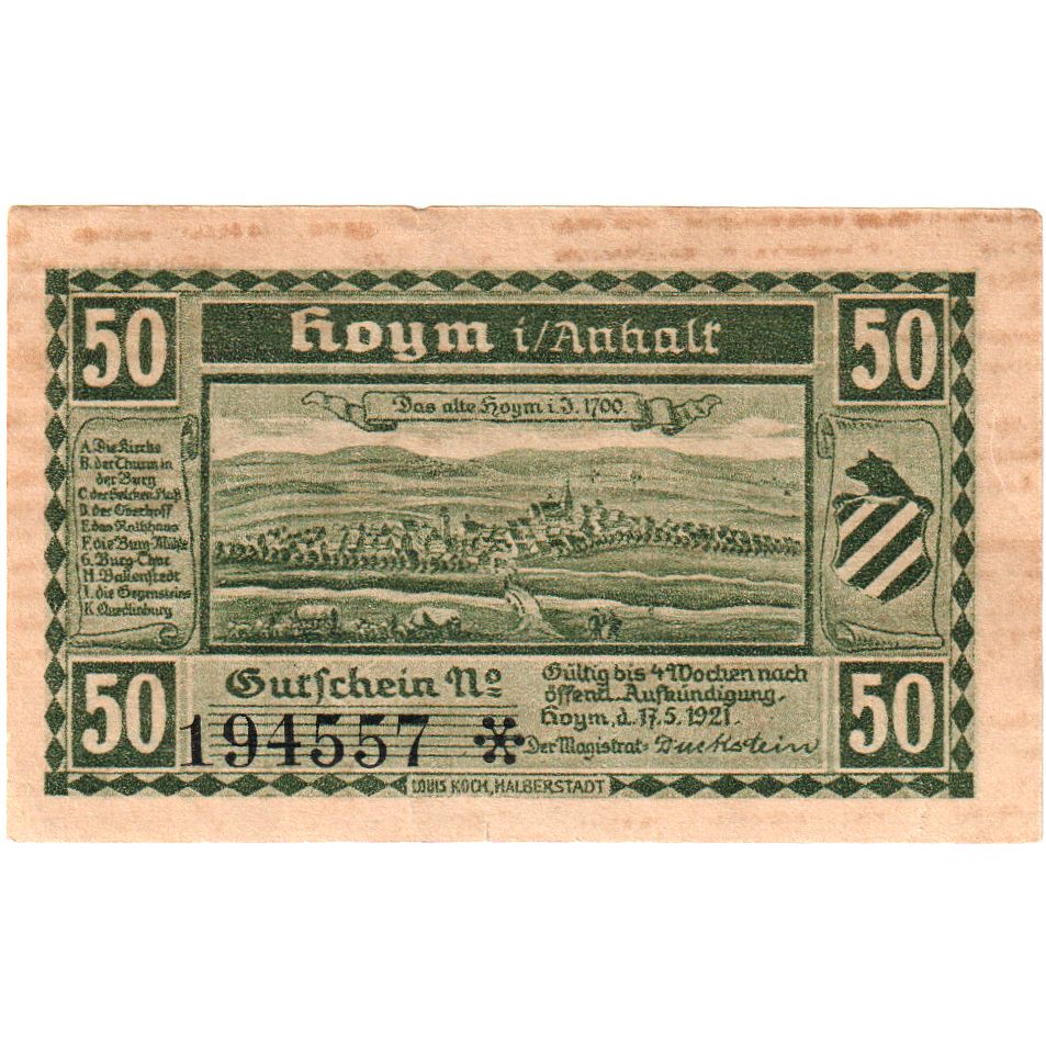 Banconote, Germania, Hoym, 50 Pfennig, table, 1921, 1921-05-17, SPL, Mehl:634.3