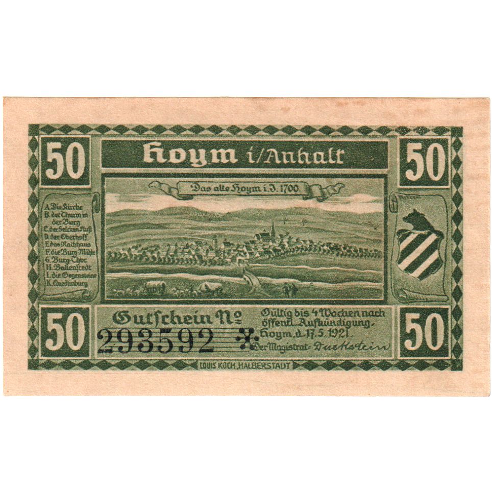 Banknot, Niemcy, Hoym, 50 Pfennig, village, 1921, 1921-05-17, UNC(60-62)