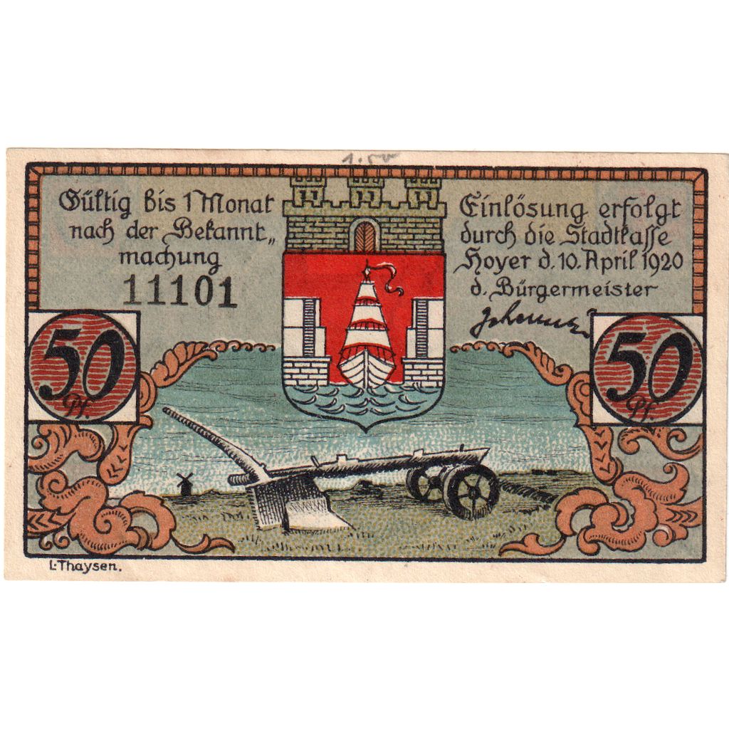 Geldschein, Deutschland, Hoyer, 50 Pfennig, pont, 1920, 1920-04-10, UNZ