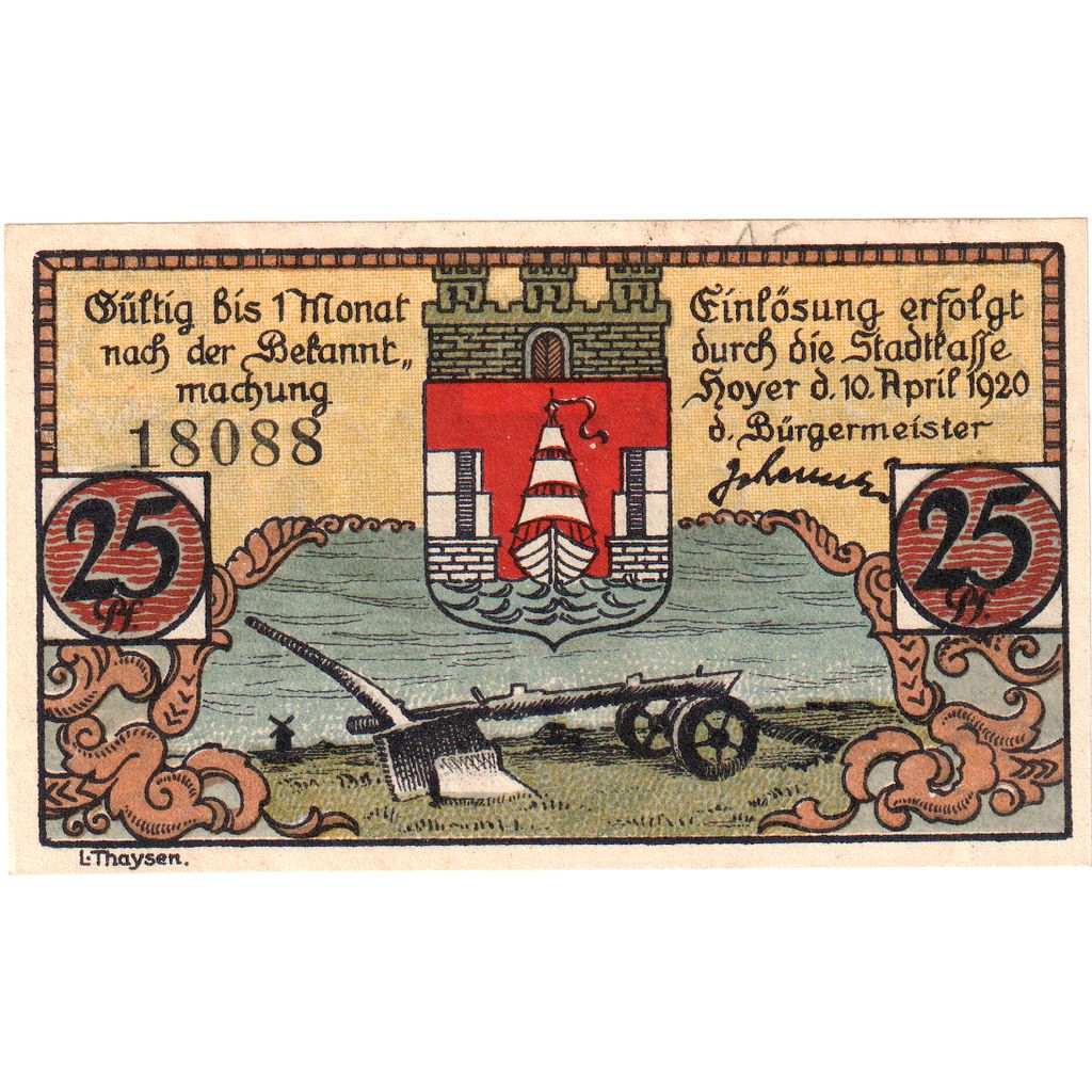 Geldschein, Deutschland, Hoyer, 25 Pfennig, pont, 1920, 1920-04-10, UNZ