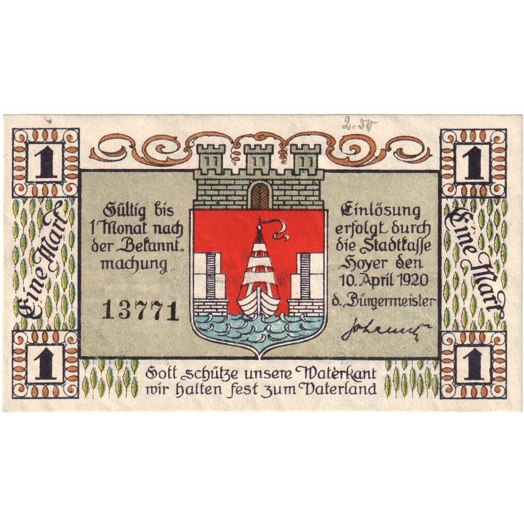 Geldschein, Deutschland, Hoyer, 1 Mark, bateau, 1920, 1920-04-10, UNZ
