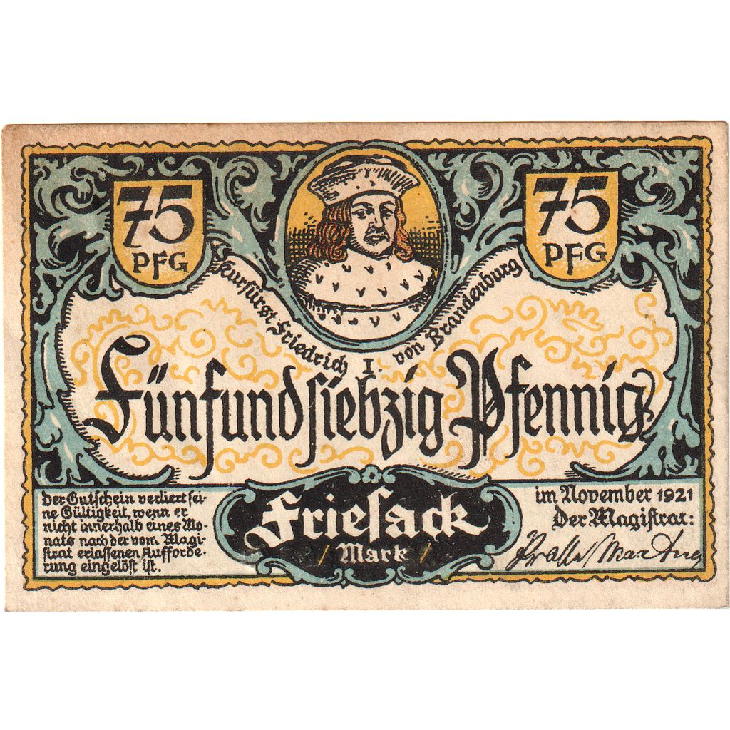 Nota, Alemanha, Friesack Stadt, 75 Pfennig, personnage, 1921, UNC(65-70)