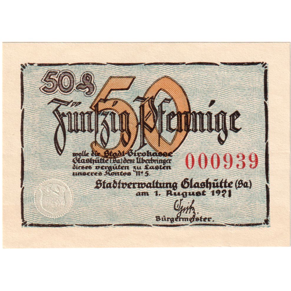 Banknote, Germany, Glashutte, 50 Pfennig, paysage, 1921, UNC(63), Mehl:430.1