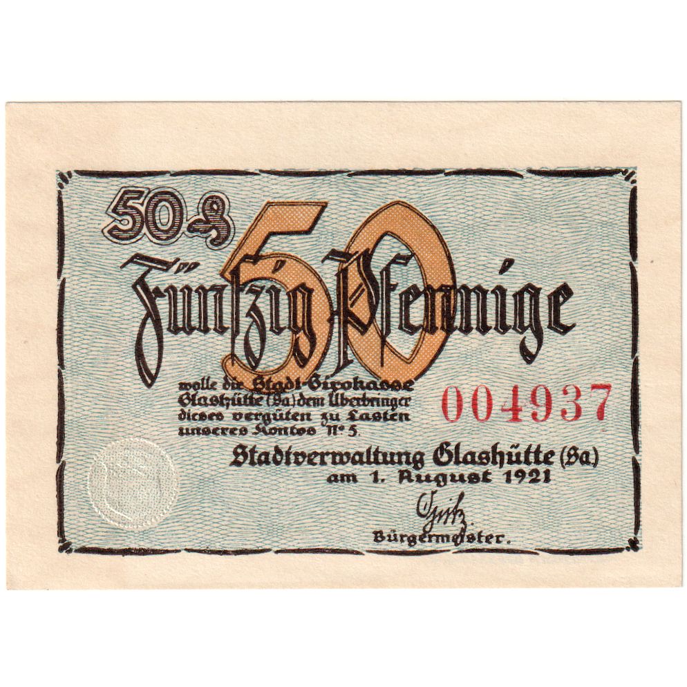 Billete, Alemania, Glashutte, 50 Pfennig, horloge, 1921, SC, Mehl:430.1