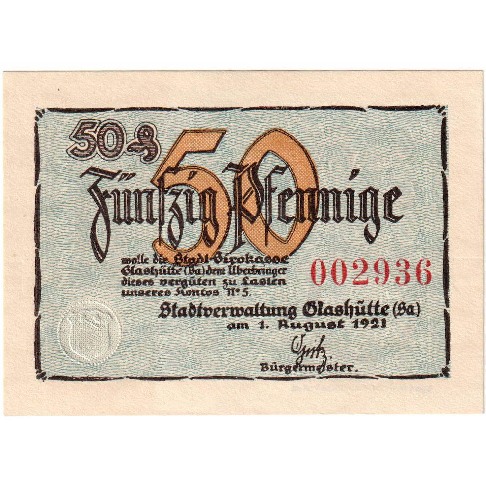 Banknote, Germany, Glashutte, 50 Pfennig, Maison, 1921, UNC(63), Mehl:430.1
