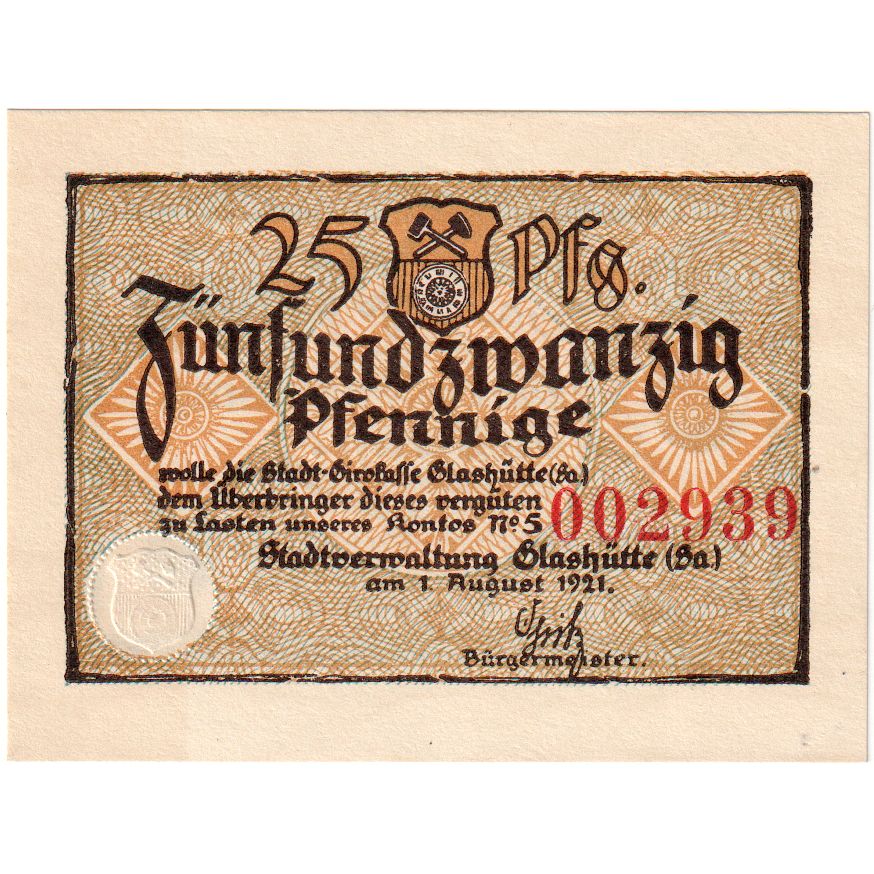 Nota, Alemanha, Glashutte, 25 Pfennig, valeur faciale, 1921, 1921-08-01