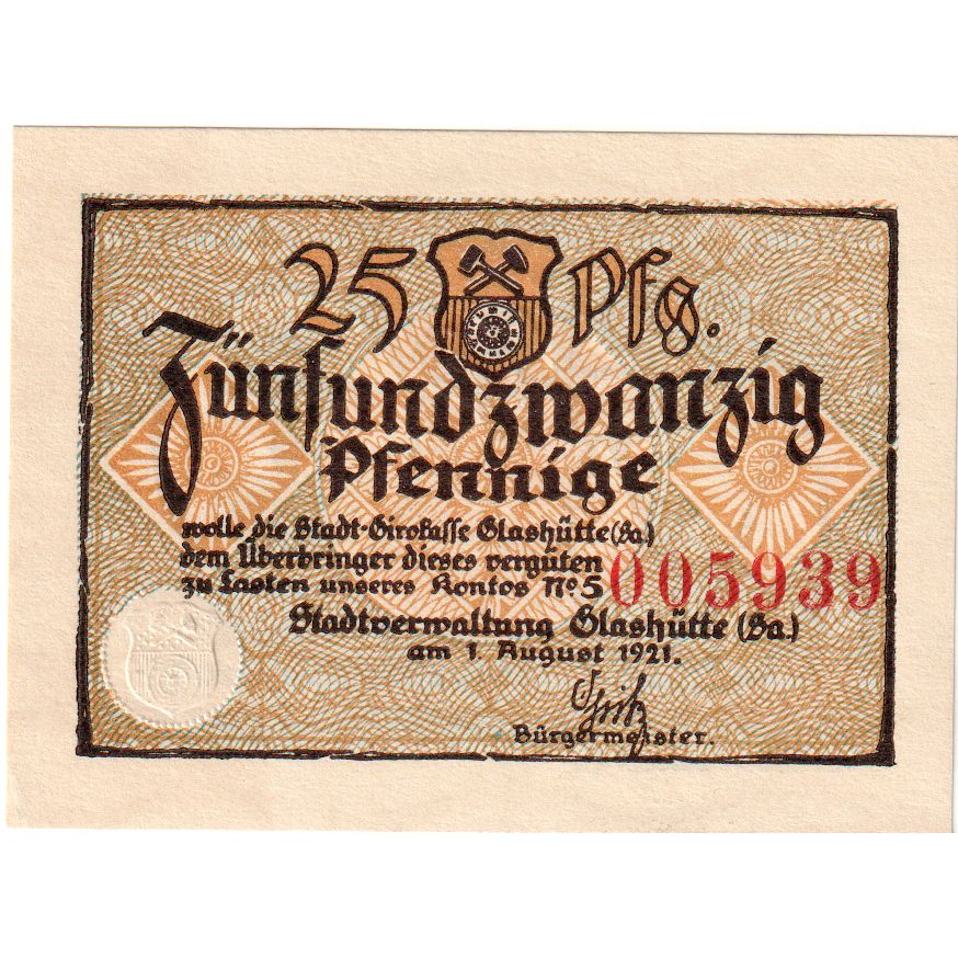 Banconote, Germania, Glashutte, 25 Pfennig, outils, 1921, 1921-08-01, FDS