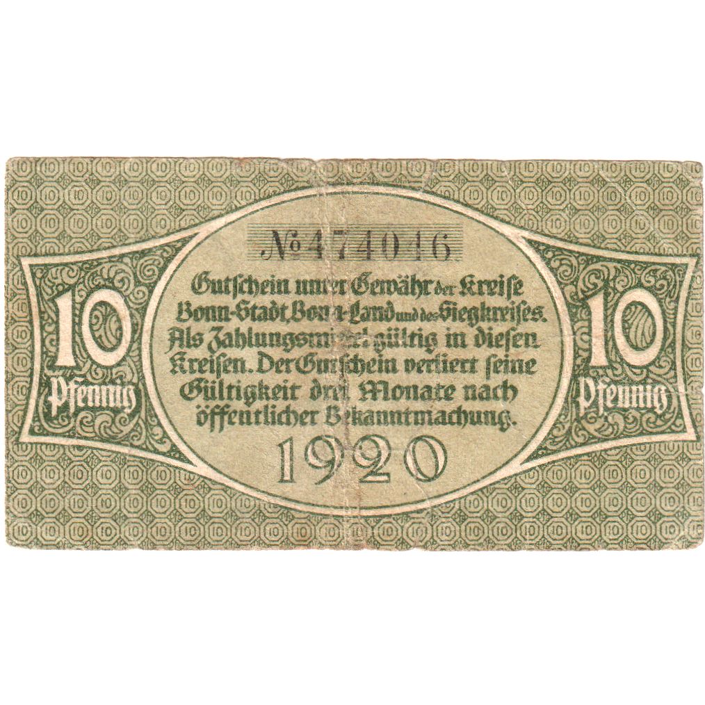 Geldschein, Deutschland, Bonn, 10 Pfennig, personnage, 1920, UNZ-, Mehl:74.6a