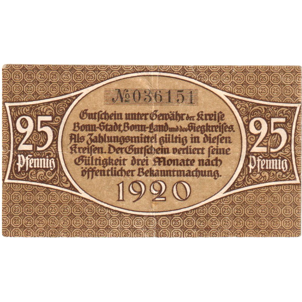 Banconote, Germania, Bonn, 25 Pfennig, personnage, 1920, SPL, Mehl:74.6b