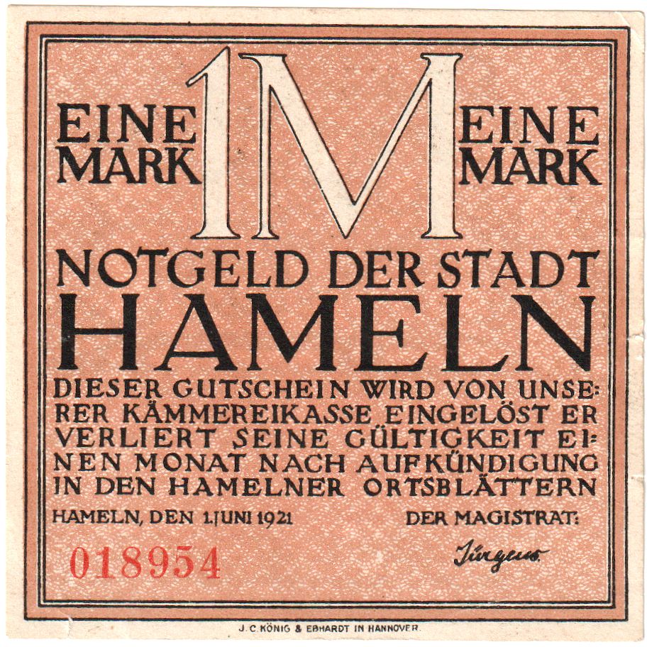 Geldschein, Deutschland, Hameln, 1 Mark, personnage, 1921, 1921-06-01, UNZ-