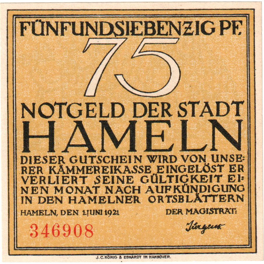Banknot, Niemcy, Hameln, 75 Pfennig, personnage, 1921, 1921-06-01, UNC(63)