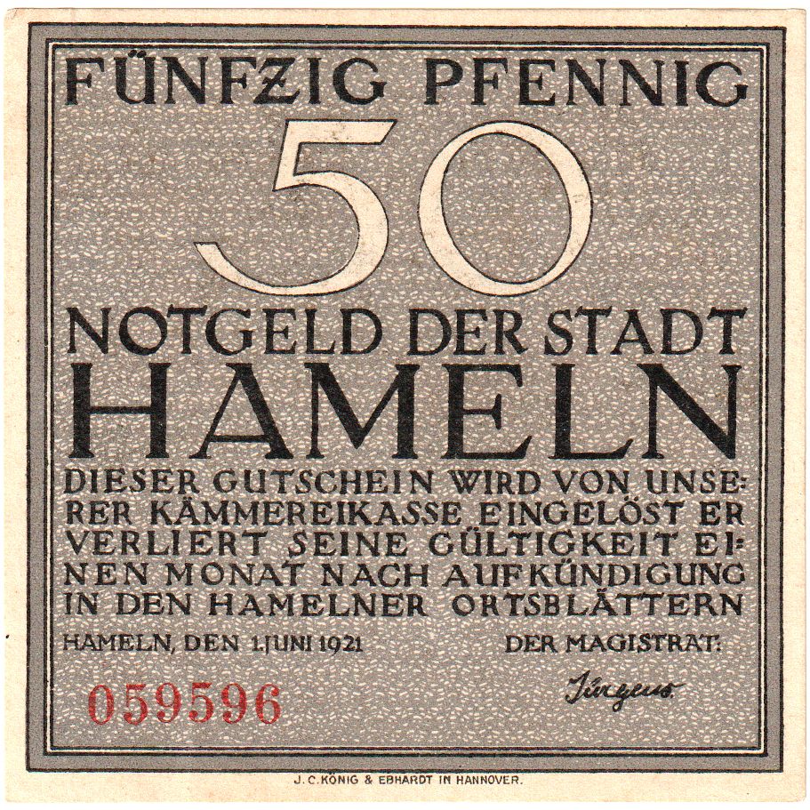 Geldschein, Deutschland, Hameln, 50 Pfennig, personnage, 1921, 1921-06-01, UNZ