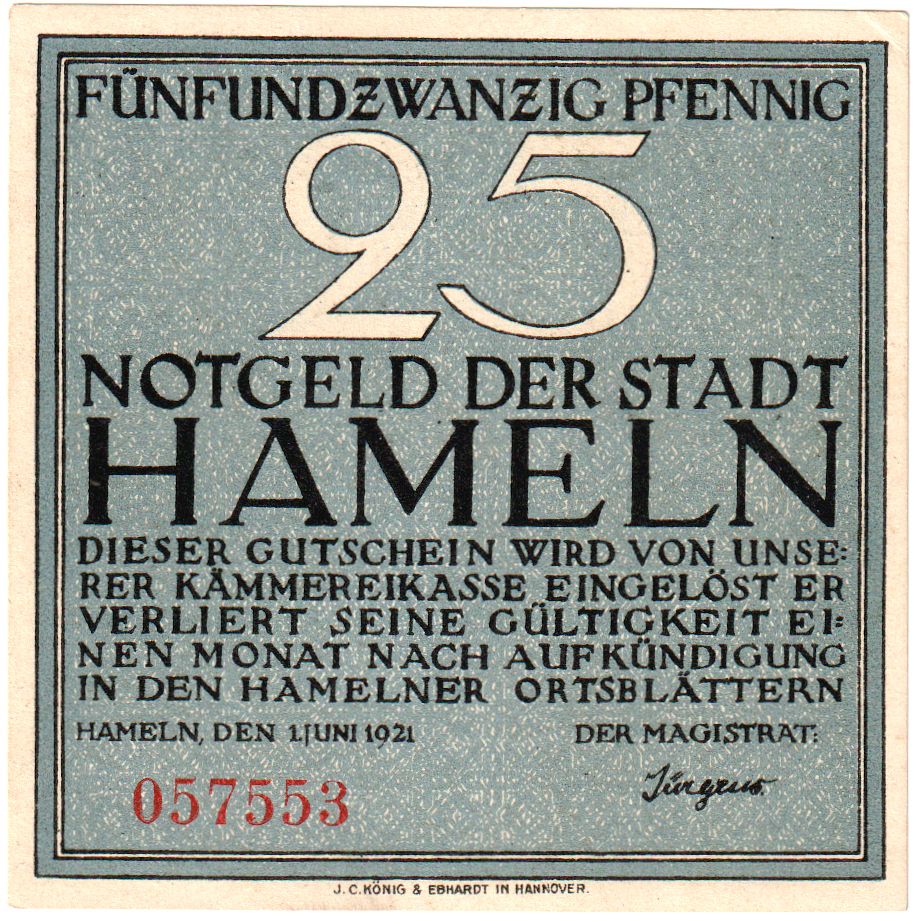 Banknot, Niemcy, Hameln, 25 Pfennig, personnage, 1921, 1921-06-01, UNC(65-70)