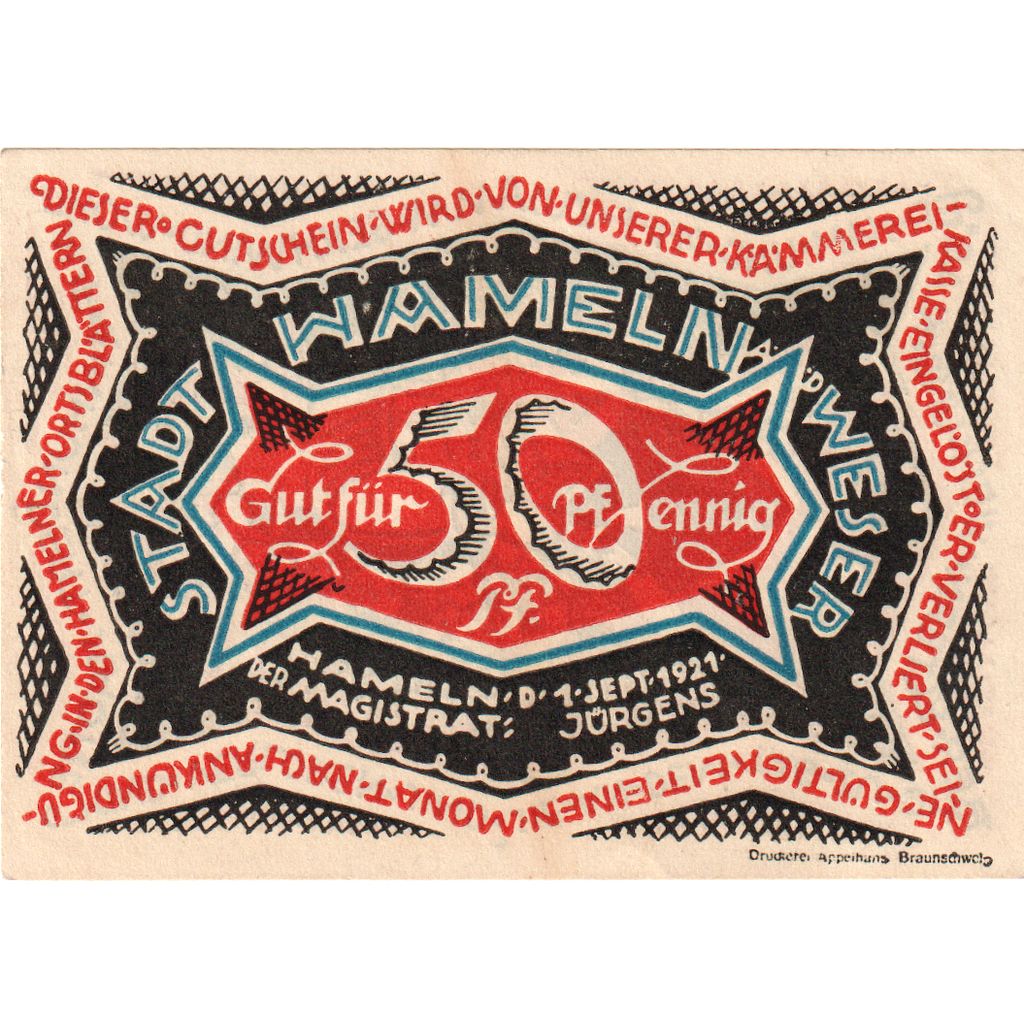 Billete, Alemania, Hameln, 50 Pfennig, personnage, 1921, 1921-09-01, UNC