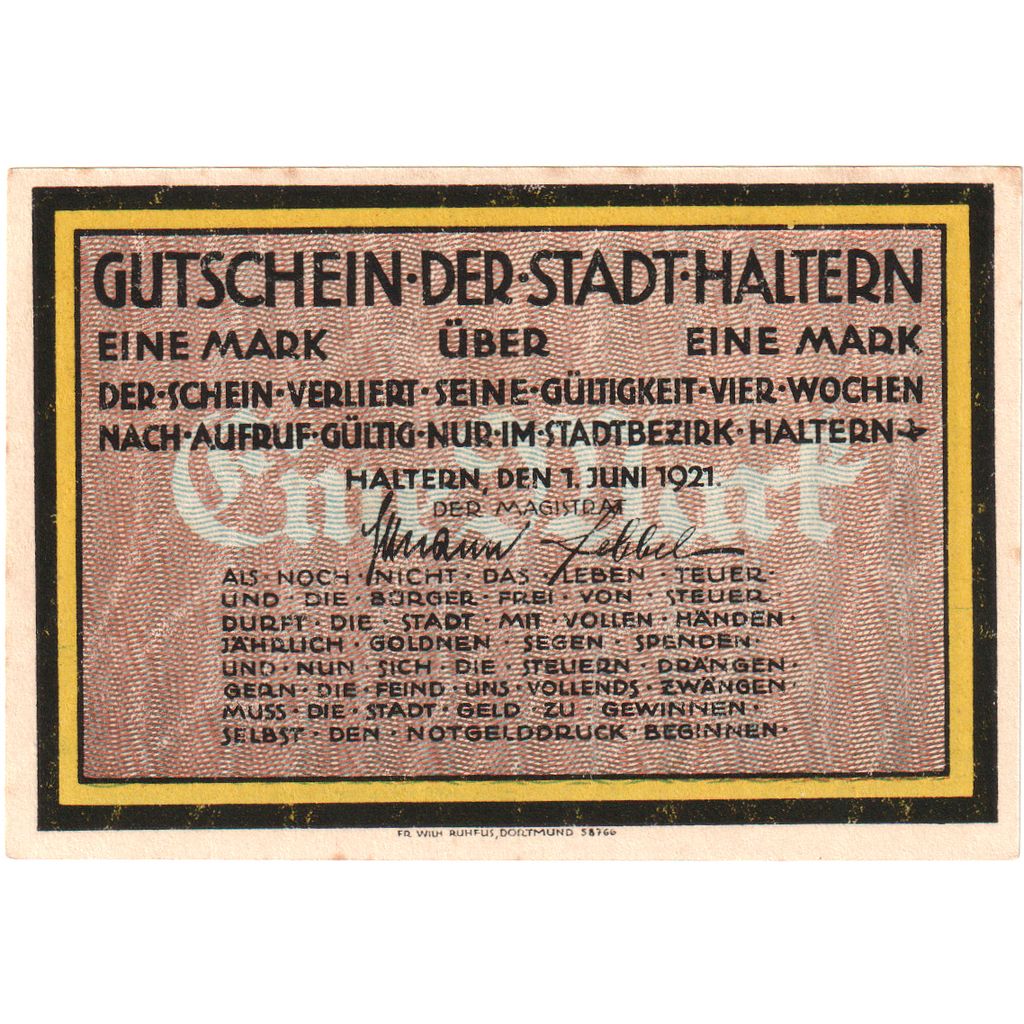 Niemcy, Haltern, 1 Mark, village, 1921, 1921-06-01, UNC(60-62), Mehl:514.1
