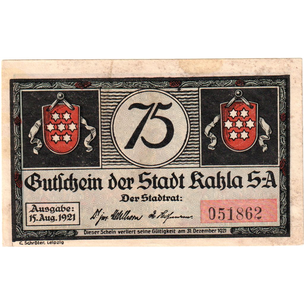 Germania, Kahla, 75 Pfennig, personnage, 1921, 1921-08-15, SPL-, Mehl:668.2