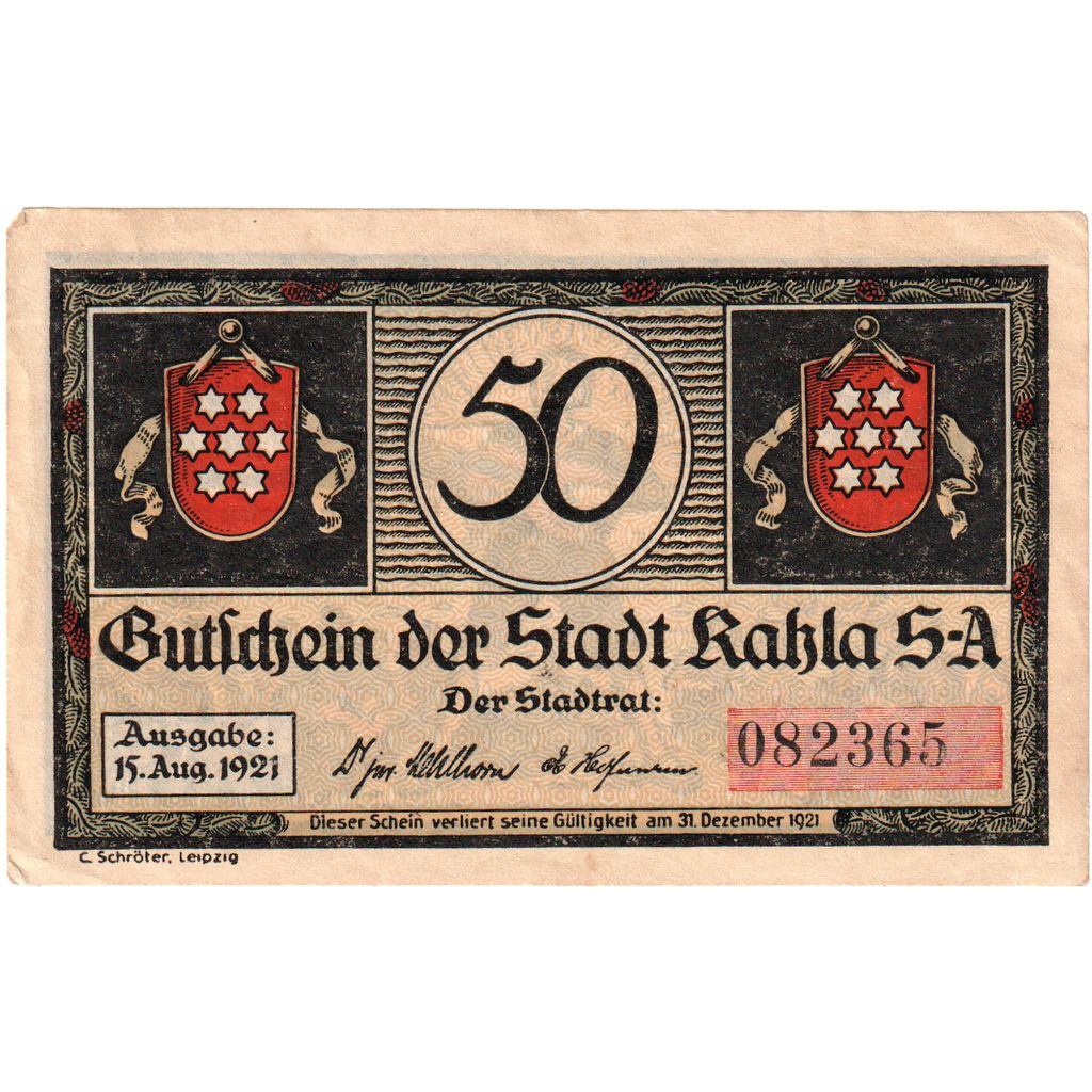 Niemcy, Kahla, 50 Pfennig, personnage, 1921, 1921-08-15, UNC(65-70), Mehl:668.2