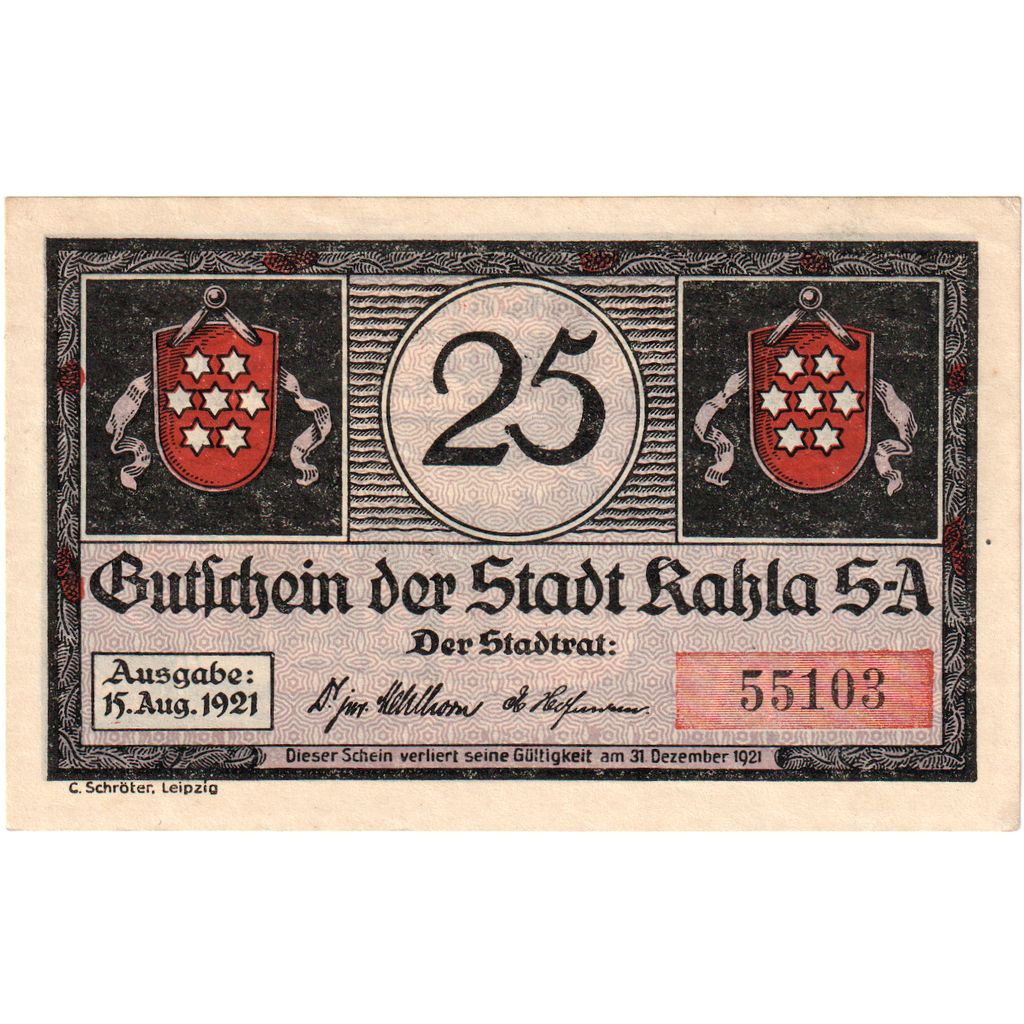 Deutschland, Kahla, 25 Pfennig, personnage, 1921, 1921-08-15, UNZ-, Mehl:668.2a