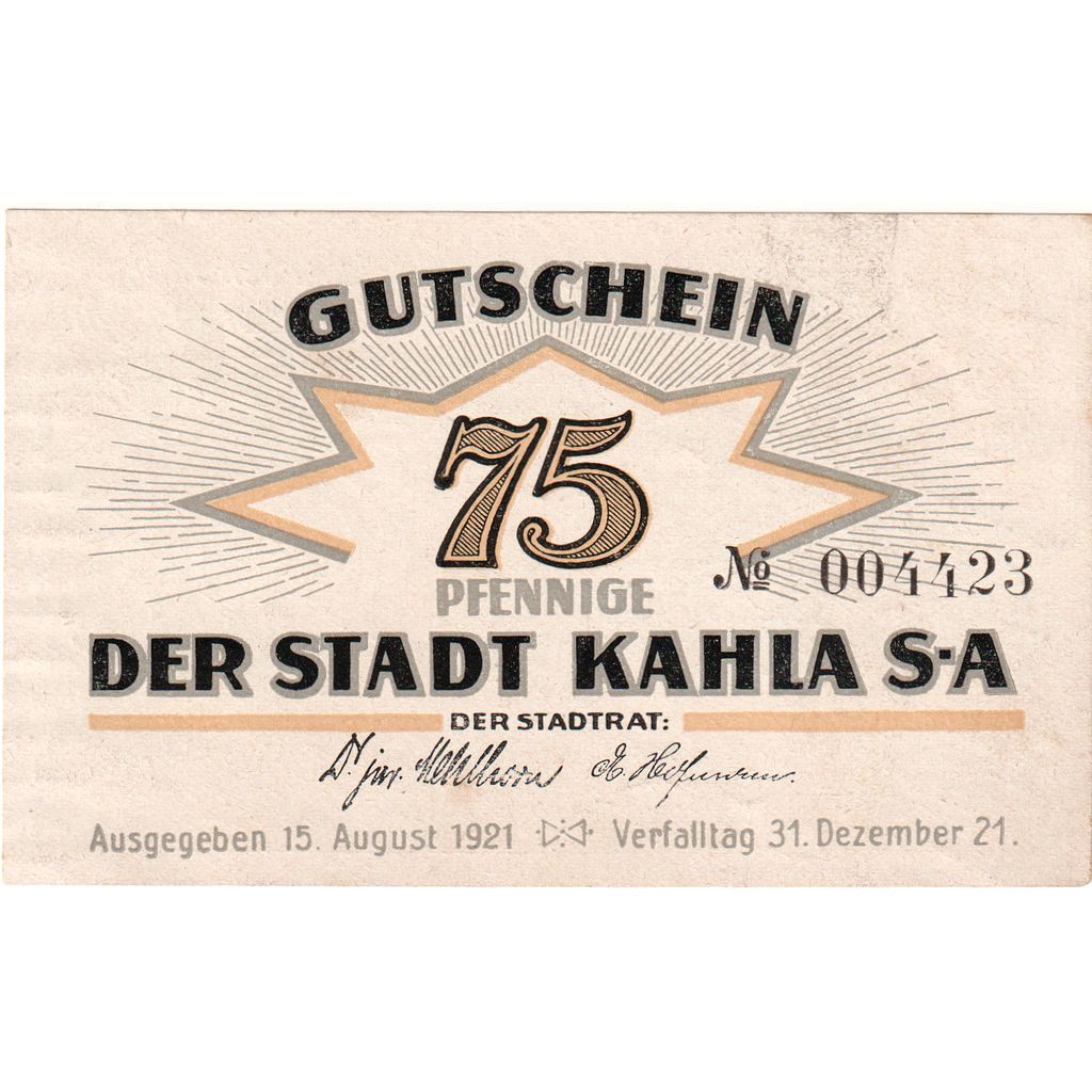 Deutschland, Kahla, 75 Pfennig, village, 1921, 1921-08-15, UNZ, Mehl:668.5