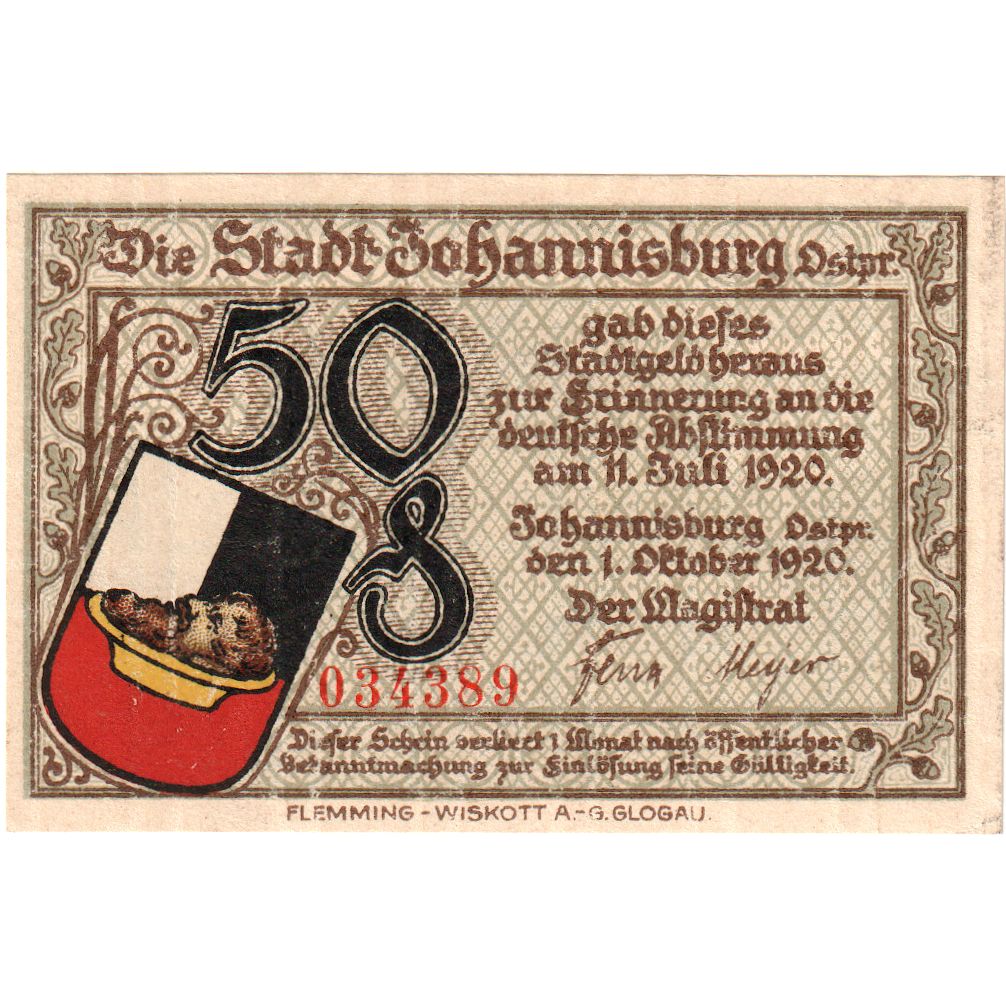 Deutschland, Johannisburg, 50 Pfennig, manoir, 1920, 1920-10-01, UNZ-