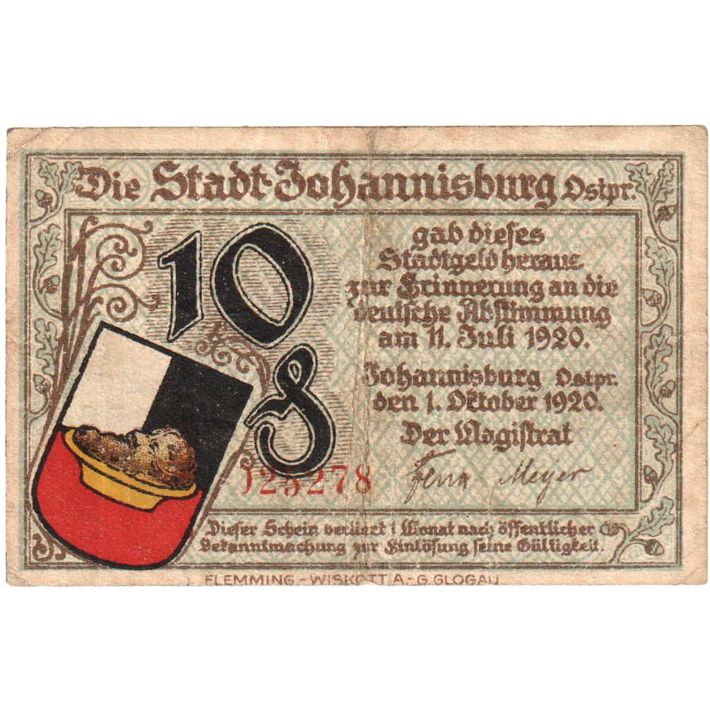 Germania, Johannisburg, 10 Pfennig, manoir, 1920, 1920-10-01, SPL, Mehl:662.1a