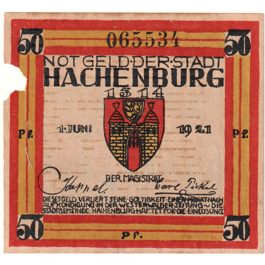 Germania, Hachenburg, 50 Pfennig, ruelle, 1921, 1921-06-01, MB+, Mehl:498.1