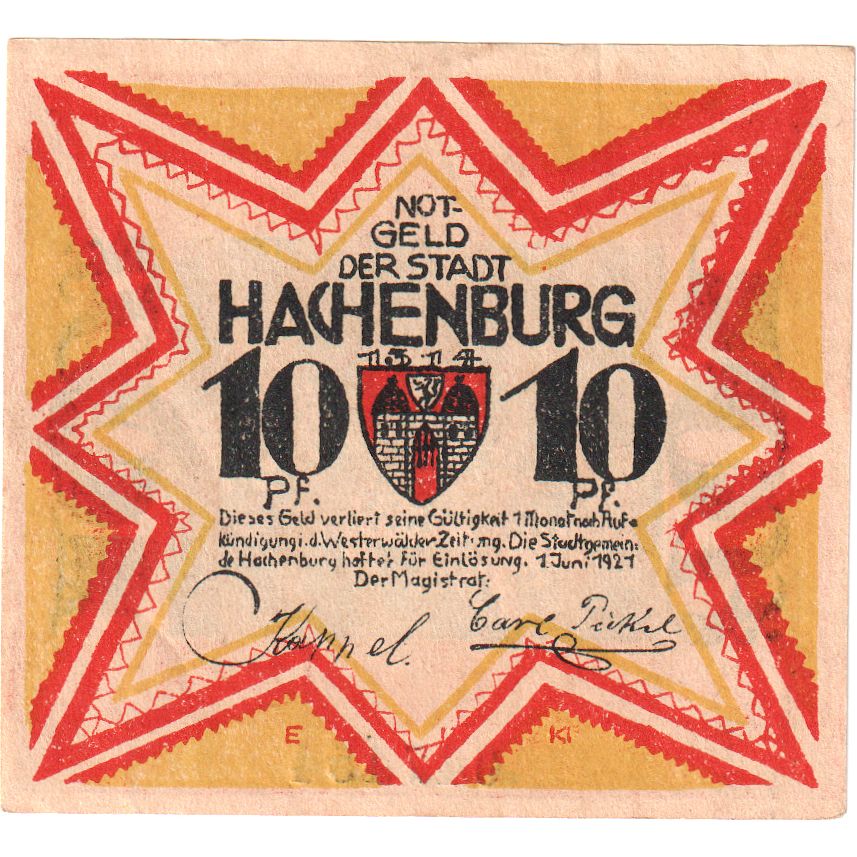 Deutschland, Hachenburg, 10 Pfennig, ville 1, 1921, 1921-06-01, UNZ, Mehl:498.1