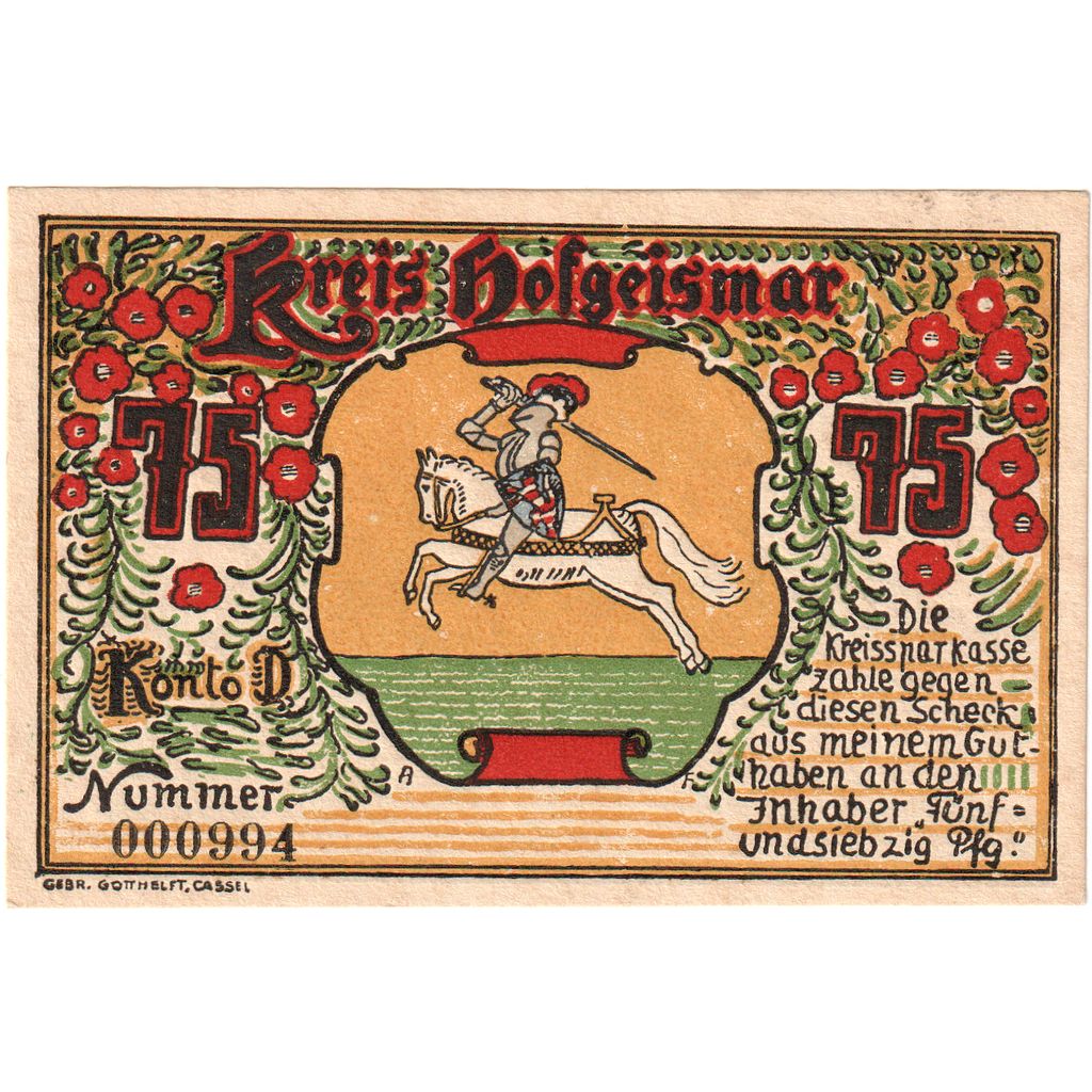 Alemanha, Hofgeismar Kreissparkasse, 75 Pfennig, paysage, Undated (1922)