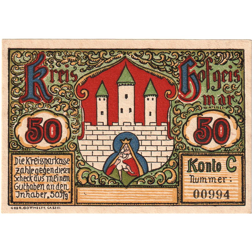 Deutschland, Hofgeismar Kreissparkasse, 50 Pfennig, paysage, Undated (1922)