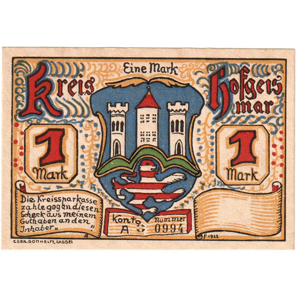 Germany, Hofgeismar Kreissparkasse, 1 Mark, village, Undated (1922), UNC(60-62)