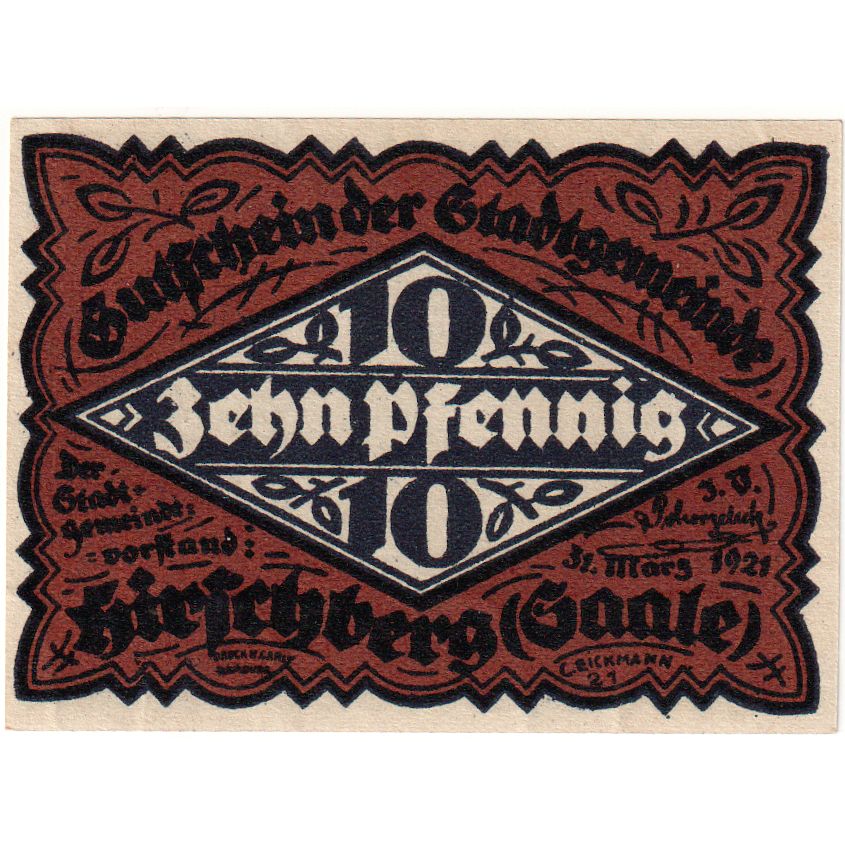 Deutschland, Hirschberg a.d. Saale, 10 Pfennig, paysage, 1921, 1921-03-31, UNZ