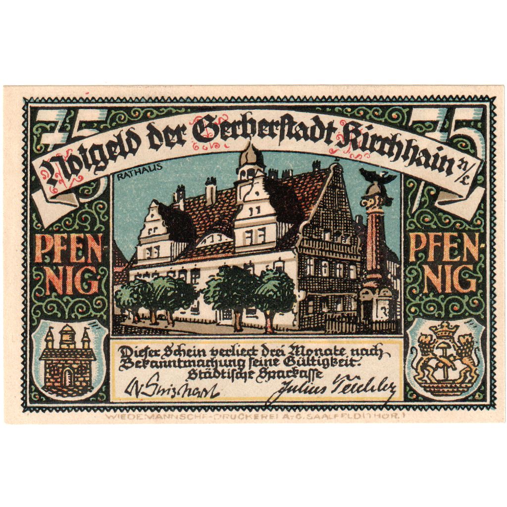 Alemanha, kirchhain, 75 Pfennig, personnage, 1921, 1921-08-01, UNC(63)
