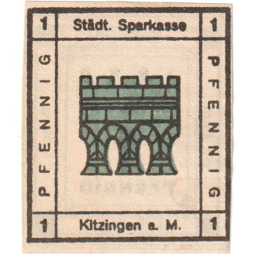 Niemcy, Kitzingen Städtische Sparkasse, 1 Pfennig, valeur faciale 2, 1920
