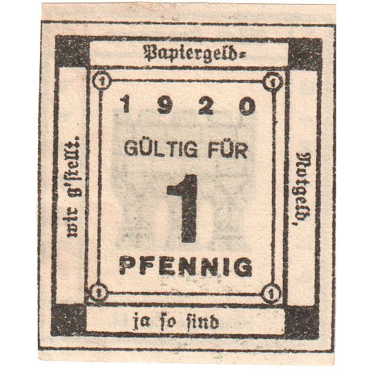 Alemanha, Kitzingen Städtische Sparkasse, 1 Pfennig, Valeur faciale 3, 1920