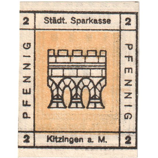 Germania, Kitzingen Städtische Sparkasse, 2 Pfennig, valeur faciale 5, 1920