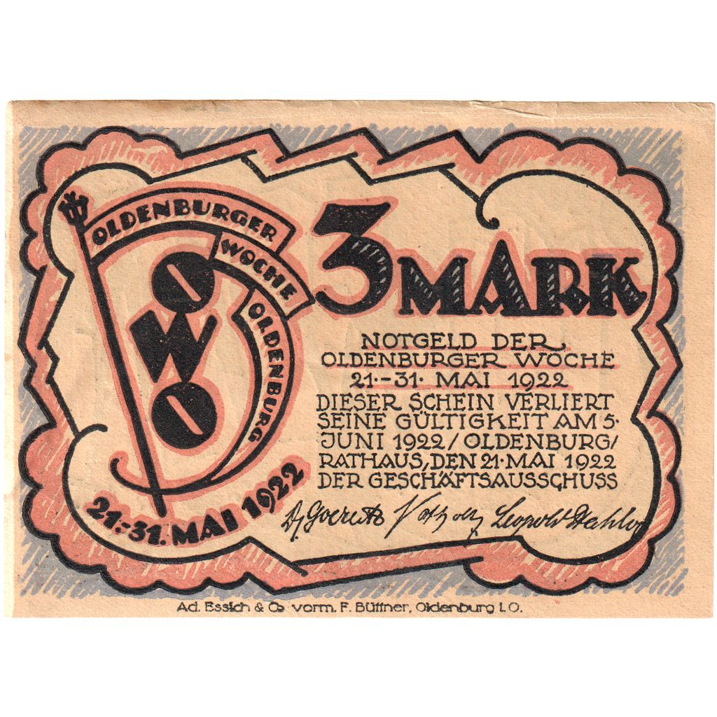Niemcy, Oldenburg, 3 Mark, valeur faciale, 1922, 1922-05-21, UNC(65-70)