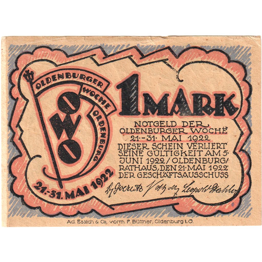 Deutschland, Oldenburg, 1 Mark, paysage, 1922, 1922-05-21, UNZ, Mehl:1018.1