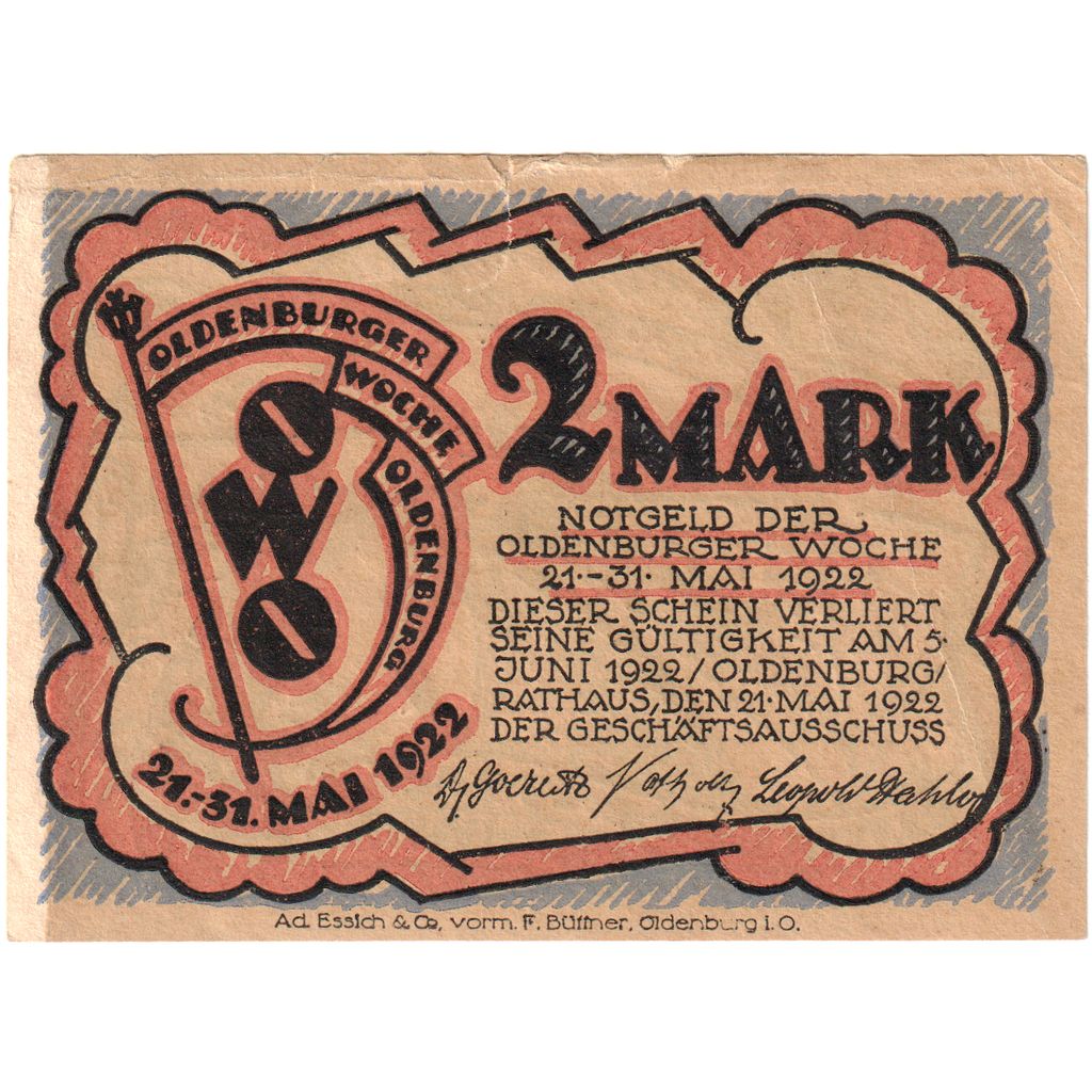 Deutschland, Oldenburg, 2 Mark, bateau, 1922, 1922-06-05, VZ+, Mehl:1018.1
