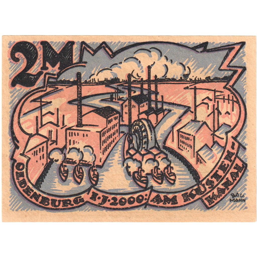 Deutschland, Oldenburg, 2 Mark, Usine, 1922, 1922-06-05, VZ+, Mehl:1018.1